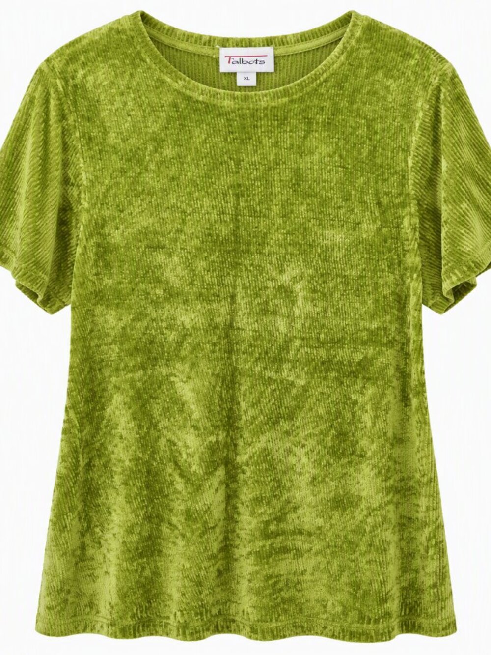 Talbots Womens XL Green Crinkle Velour Knit Crewneck Top Short Sleeve